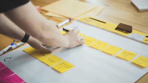 Hands working with post its